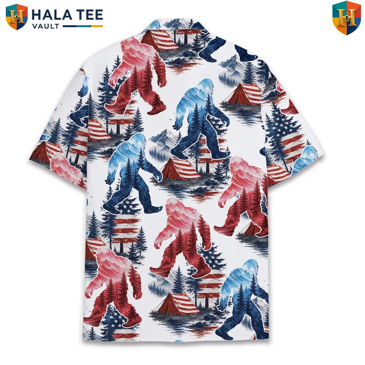 Patriotic Bigfoot USA Short-sleeve button-up shirt Mens Sasquatch Fourth Of July Apparel