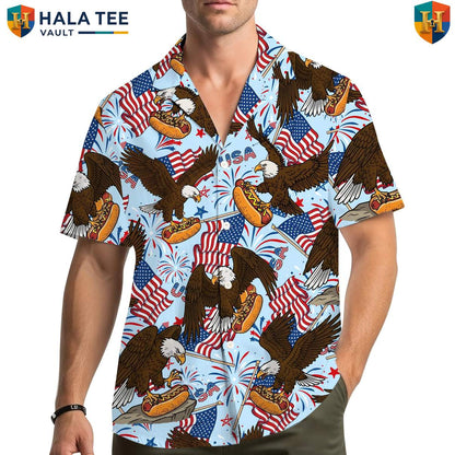 Patriotic Eagle Hotdog Hawaiian Shirt Mens Summer Fourth Of July Cookout Top