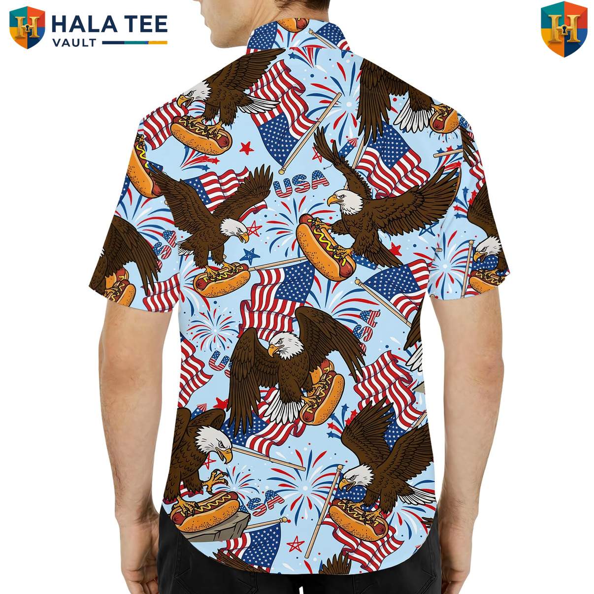 Patriotic Eagle Hotdog Short-sleeve button-up shirt Mens Summer Fourth Of July Cookout Top