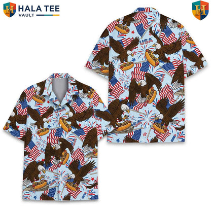 Patriotic Eagle Hotdog Tropical Shirt Mens Summer Fourth Of July Cookout Top