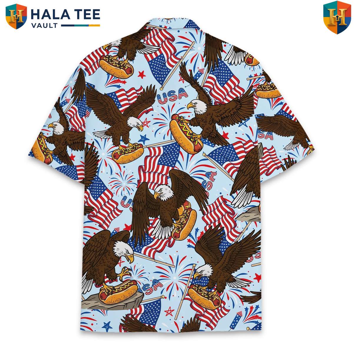 Patriotic Eagle Hotdog Short-sleeve button-up shirt Mens Summer Fourth Of July Cookout Top