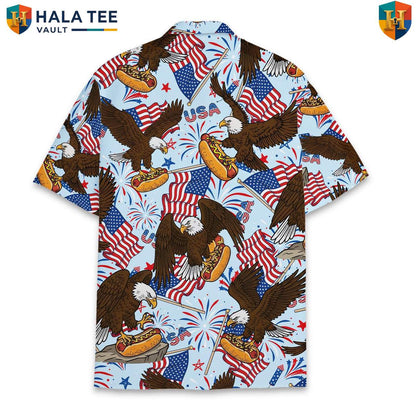 Patriotic Eagle Hotdog Short-sleeve button-up shirt Mens Summer Fourth Of July Cookout Top
