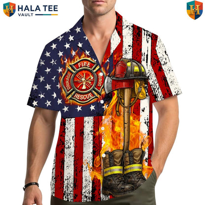 Patriotic Firefighter Hero Hawaiian Shirt Mens Fire Rescue Department Outfit
