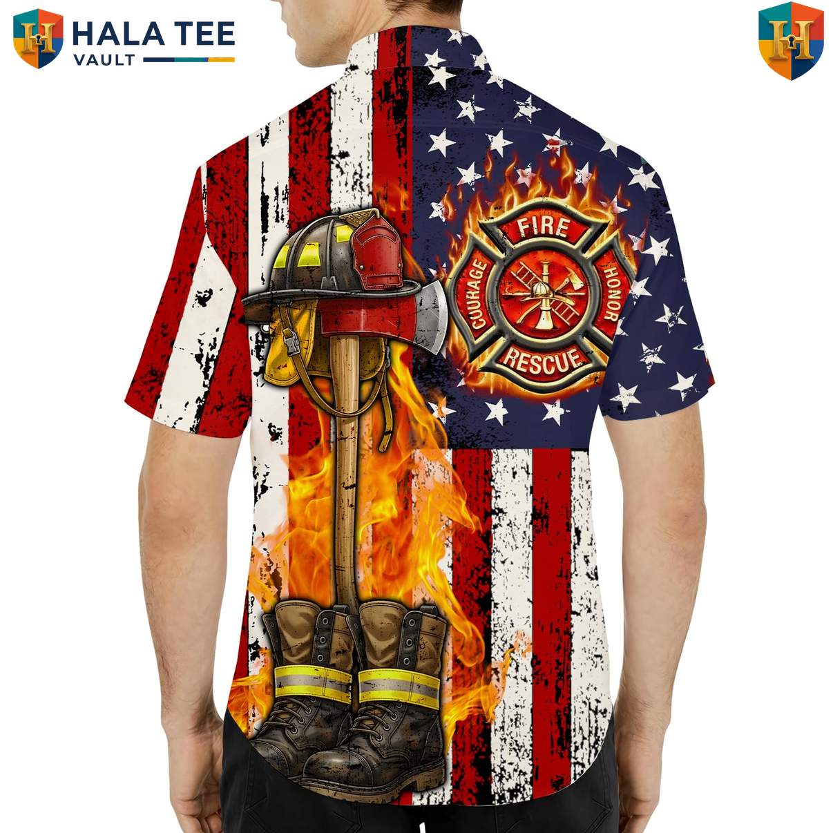 Patriotic Firefighter Hero Short-sleeve button-up shirt Mens Fire Rescue Department Outfit