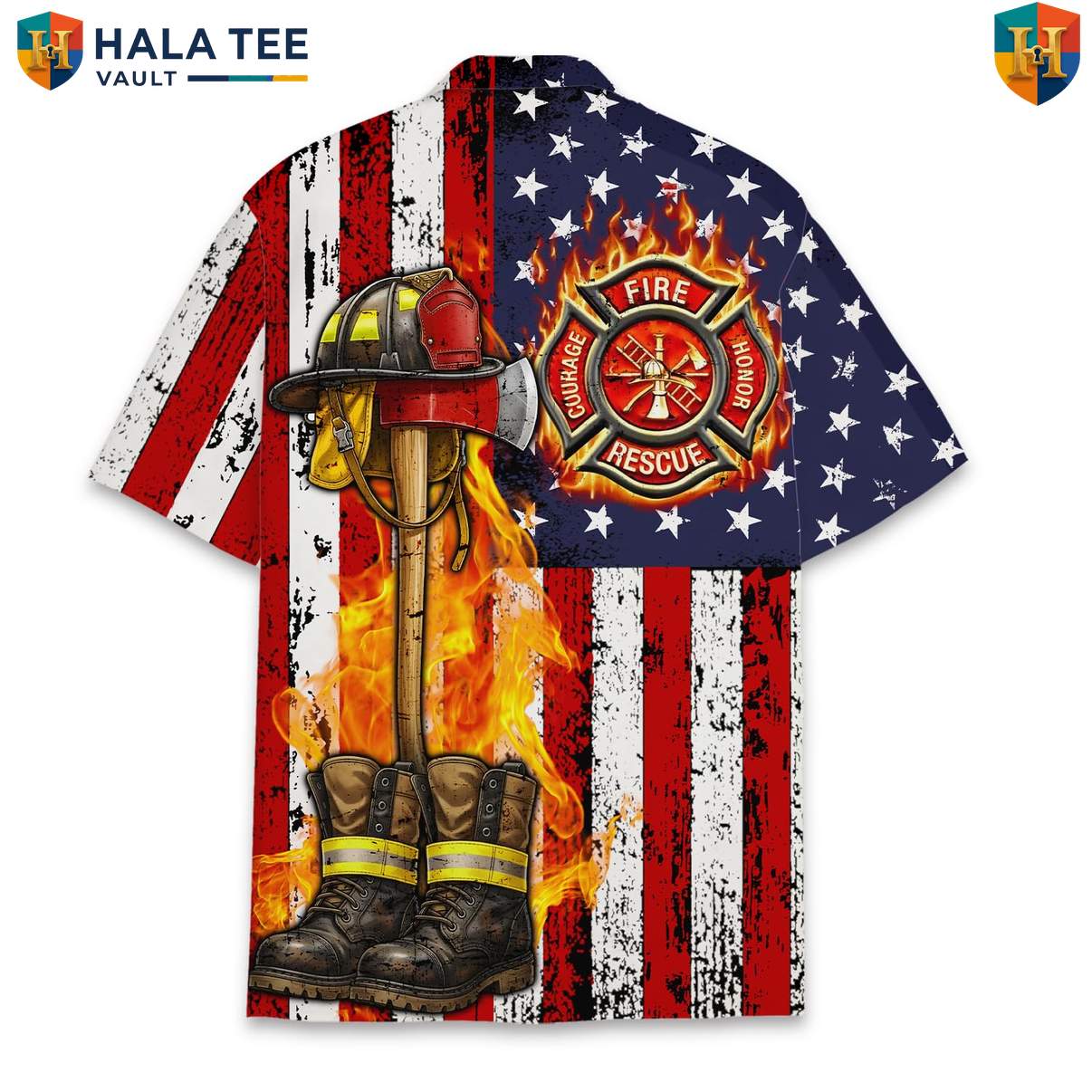 Patriotic Firefighter Hero Short-sleeve button-up shirt Mens Fire Rescue Department Outfit