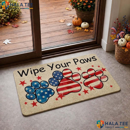 Patriotic Paw Print Doormat, Wipe Your Paws 4th Of July Welcome Rug Decor