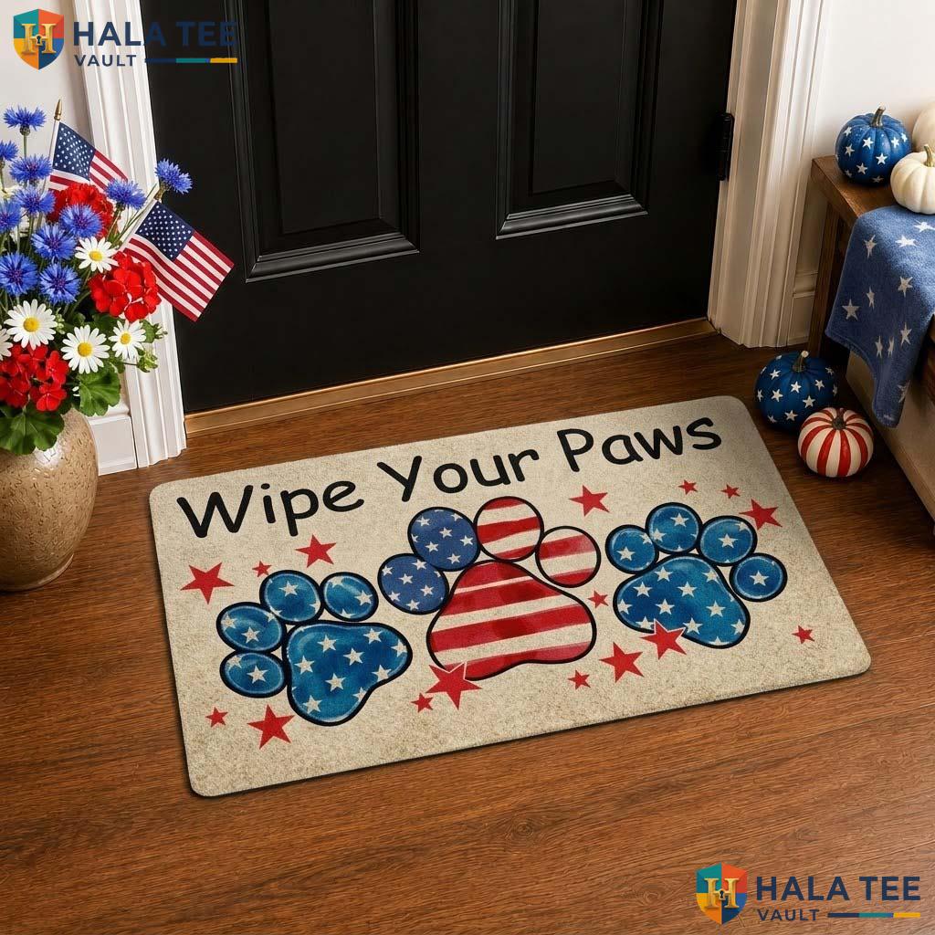 Patriotic Paw Print Front door mat, Wipe Your Paws 4th Of July Welcome Rug Decor