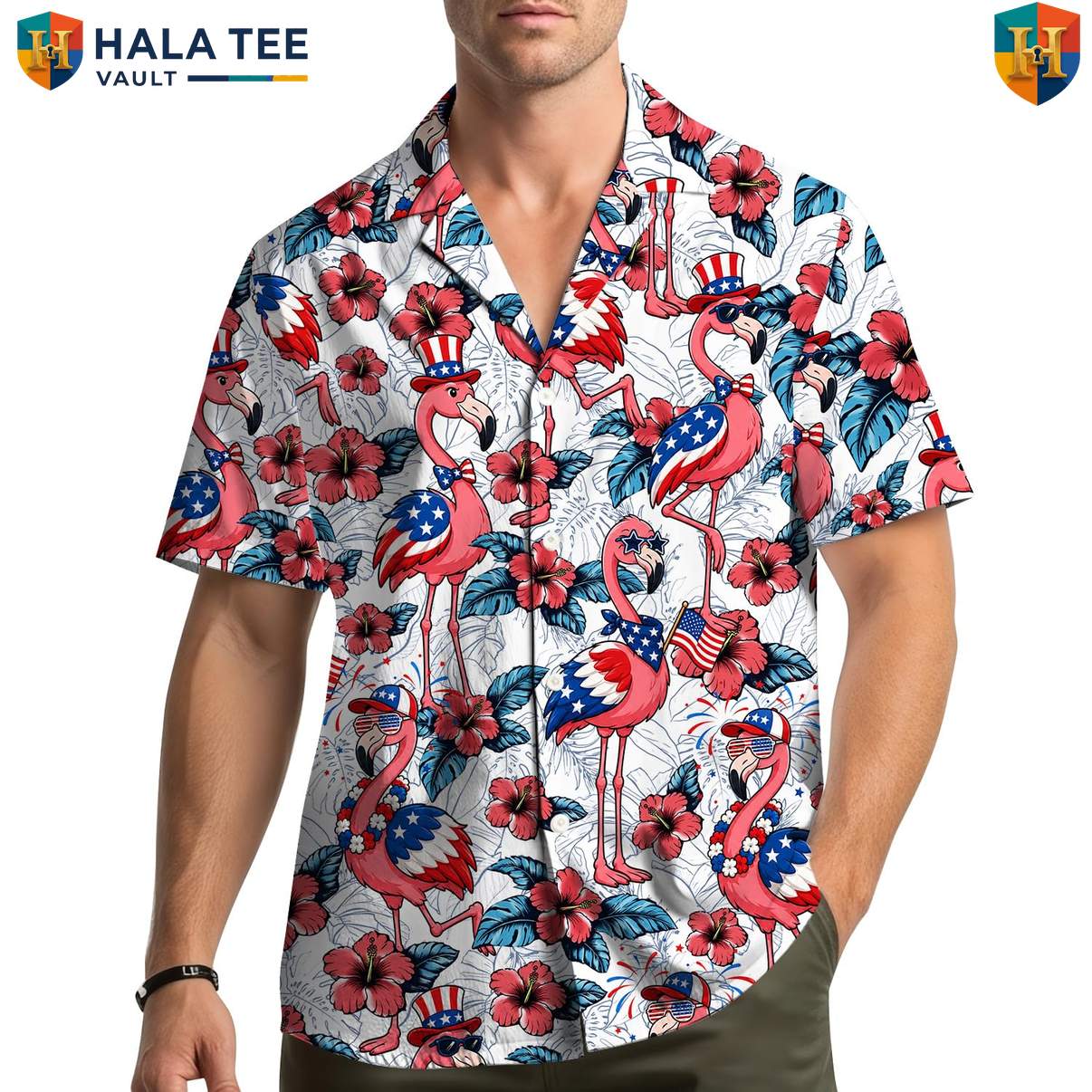 Patriotic Pink Flamingo Aloha Shirt Mens Fourth Of July Luau Party Clothing