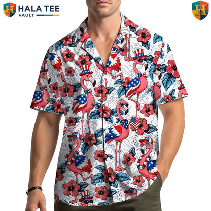 Patriotic Pink Flamingo Aloha Shirt Mens Fourth Of July Luau Party Clothing