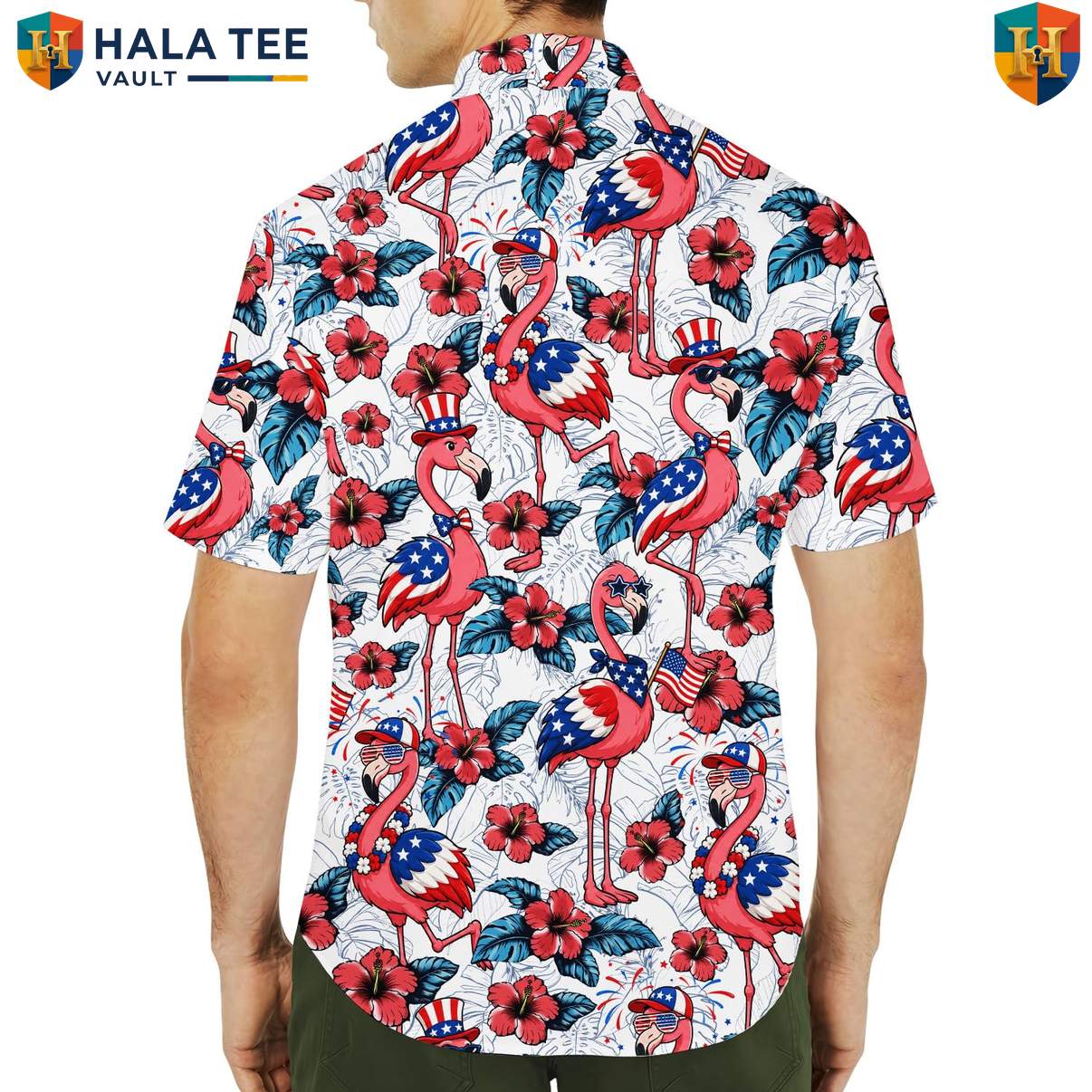 Patriotic Pink Flamingo Aloha Tee Shirt Mens Fourth Of July Luau Party Clothing