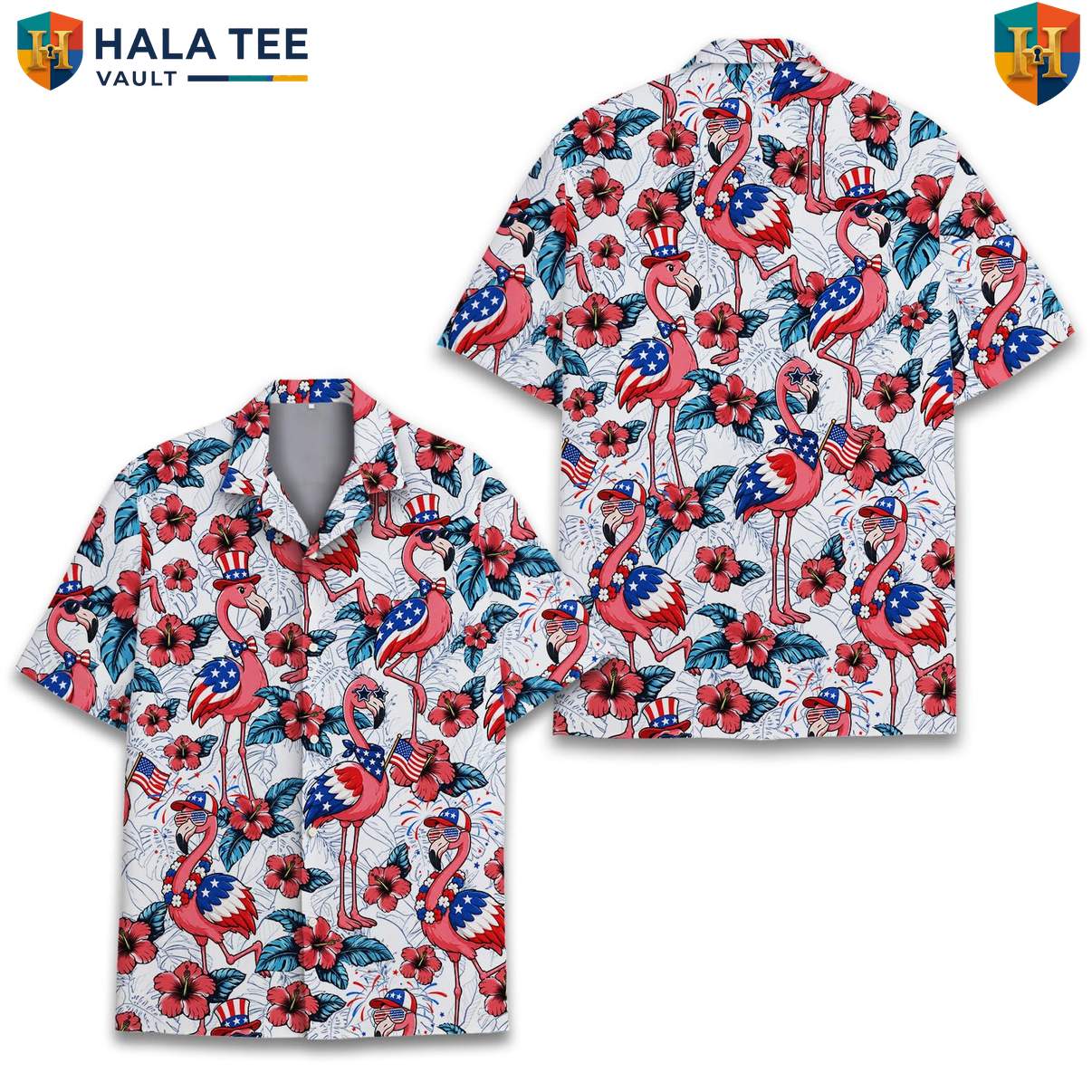 Patriotic Pink Flamingo Aloha T-Shirt Mens Fourth Of July Luau Party Clothing