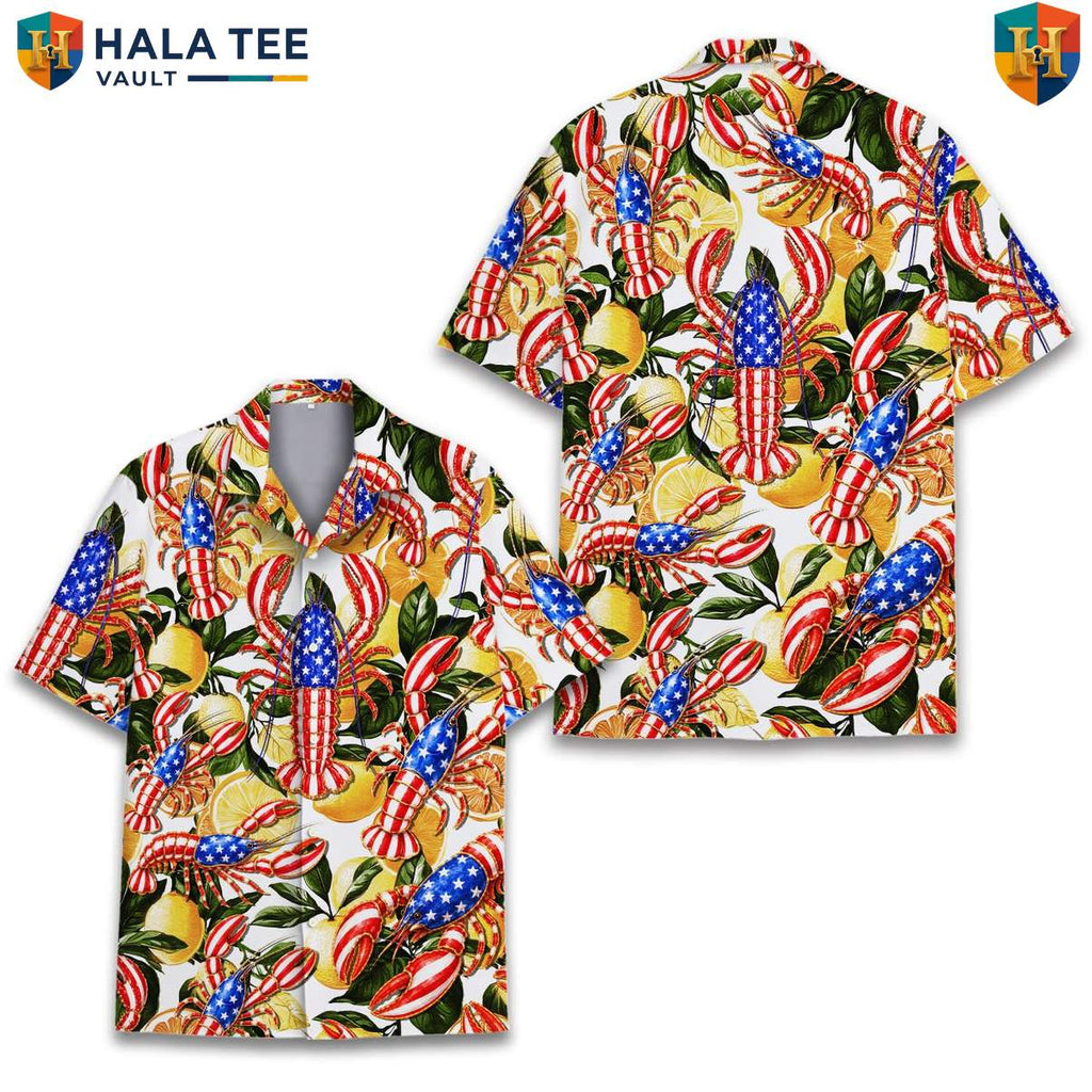 Patriotic Red Lobster Aloha Shirt Mens Fourth Of July Seafood Feast Apparel
