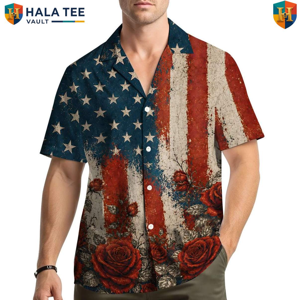 Patriotic Red Rose Hawaiian Shirt Mens American Flag Floral Festival Apparel