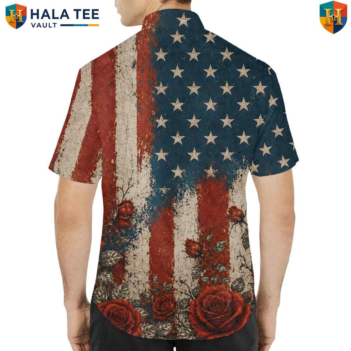 Patriotic Red Rose Short-sleeve button-up shirt Mens American Flag Floral Festival Apparel