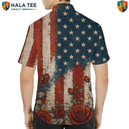 Patriotic Red Rose Short-sleeve button-up shirt Mens American Flag Floral Festival Apparel