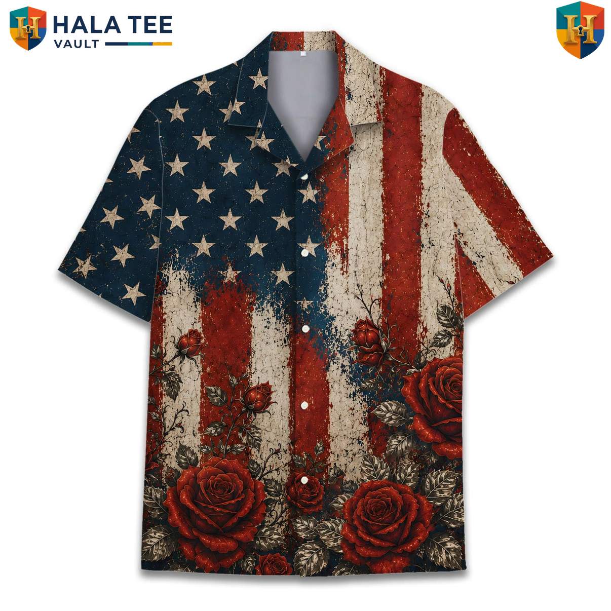 Patriotic Red Rose Tropical Shirt Mens American Flag Floral Festival Apparel