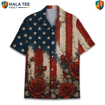Patriotic Red Rose Tropical Shirt Mens American Flag Floral Festival Apparel
