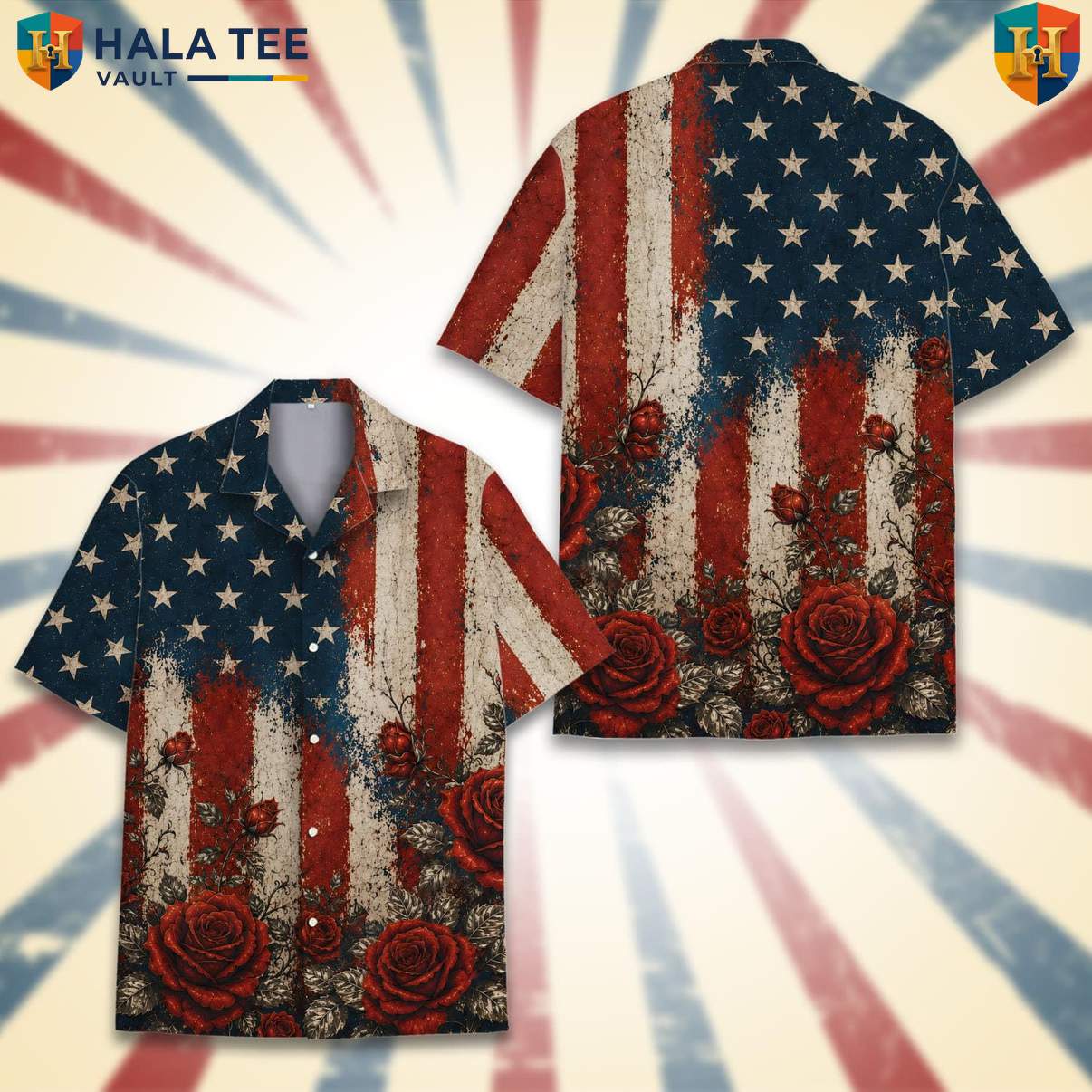 Patriotic Red Rose Aloha Shirt Mens American Flag Floral Festival Apparel