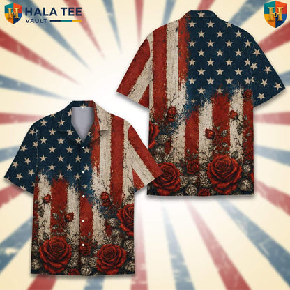 Patriotic Red Rose Aloha Shirt Mens American Flag Floral Festival Apparel