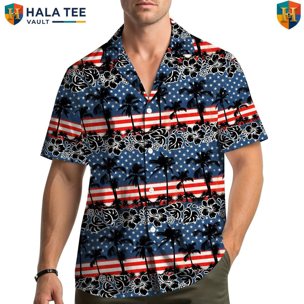 Patriotic Tropical Island Hawaiian Shirt Mens Fourth Of July Vacation Outfit