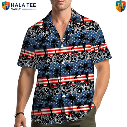 Patriotic Tropical Island Hawaiian Shirt Mens Fourth Of July Vacation Outfit