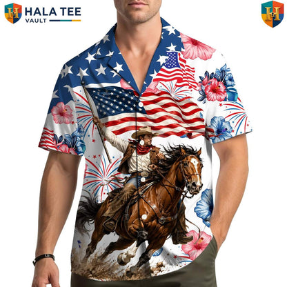 Patriotic Western Cowboy Aloha Shirt Mens American Fourth Of July Camp Gear