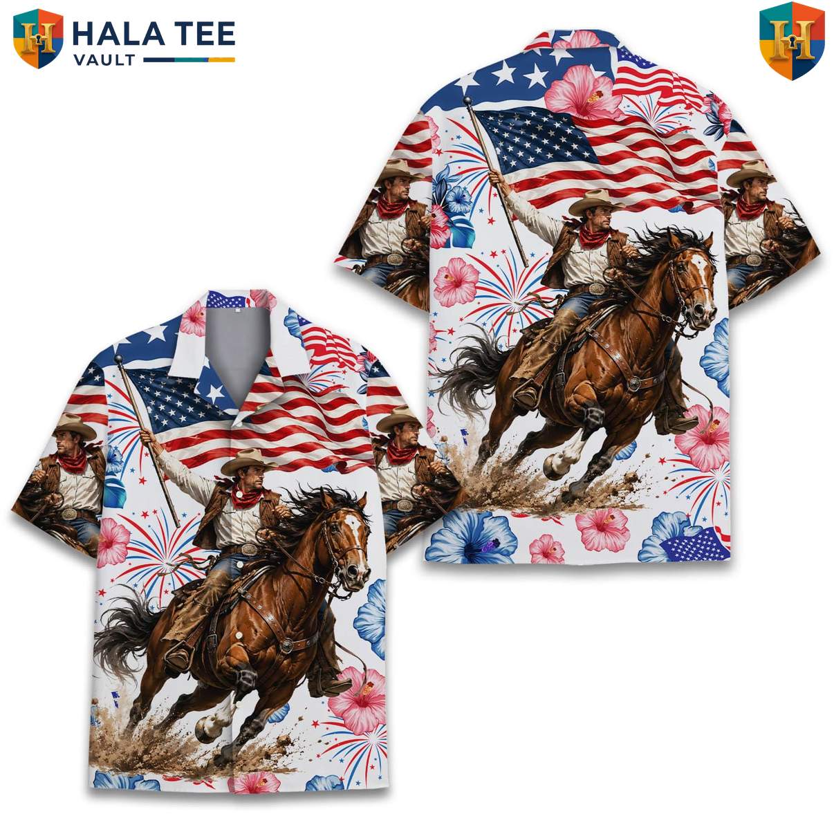 Patriotic Western Cowboy Aloha Tee Shirt Mens American Fourth Of July Camp Gear