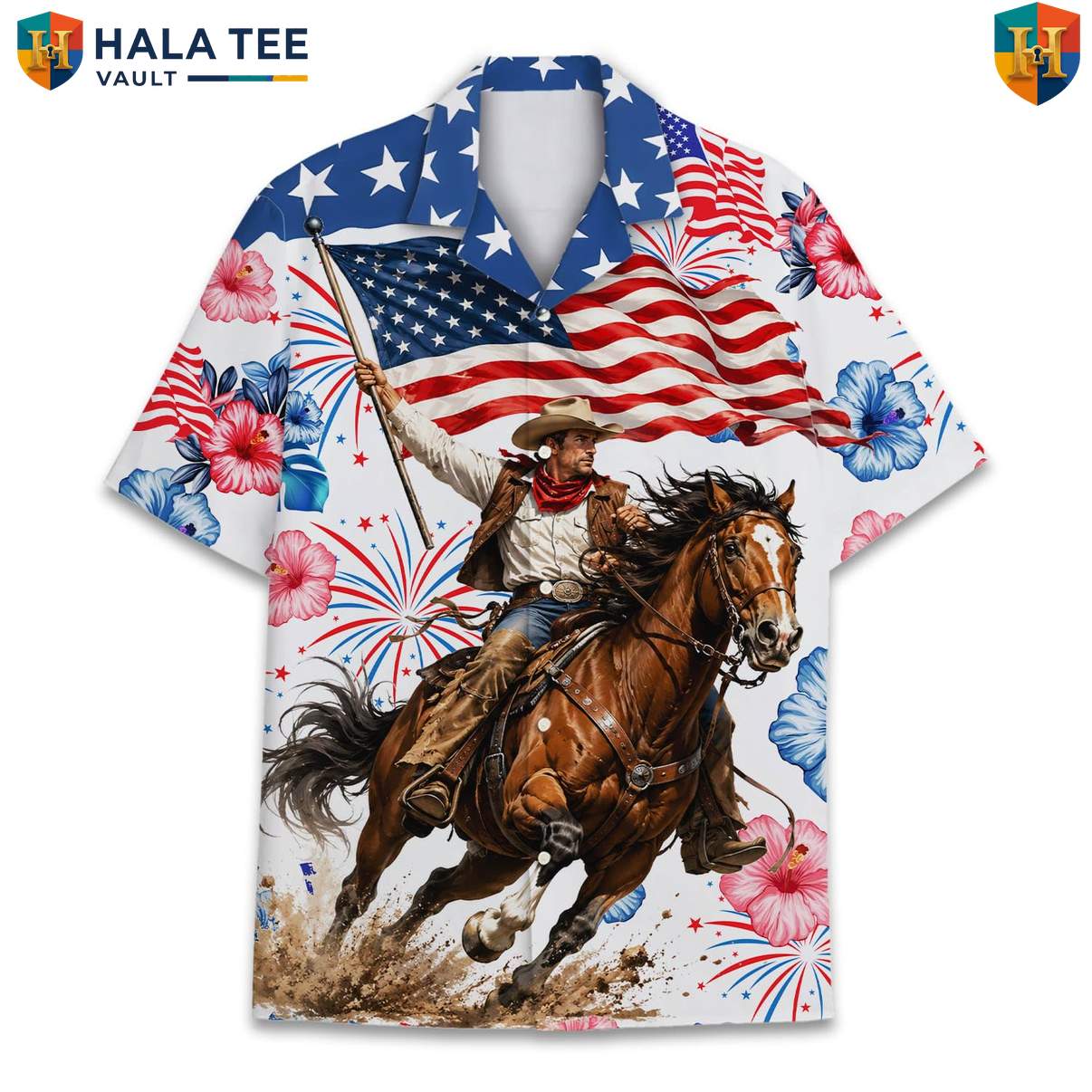 Patriotic Western Cowboy Aloha T-Shirt Mens American Fourth Of July Camp Gear