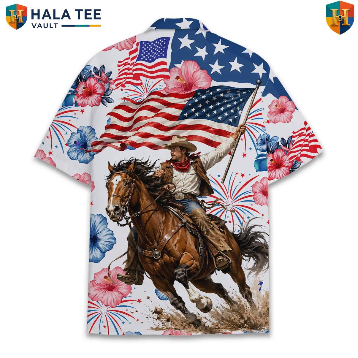 Patriotic Western Cowboy Aloha TShirt Mens American Fourth Of July Camp Gear