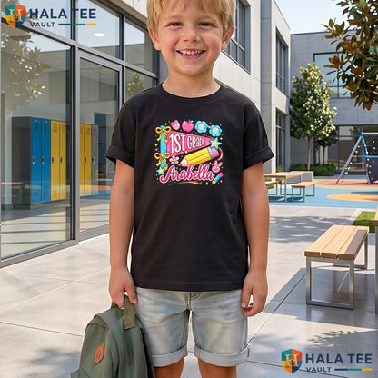 Personalized 1st Grade Pennant Shirt Custom Name First Day School Apparel Adult