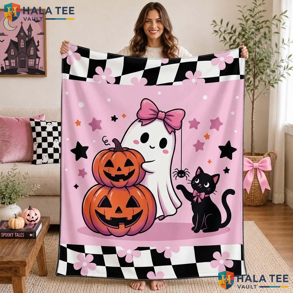 Personalized Cat Halloween Blanket Cute Kids Soft Cozy Ghost Throw