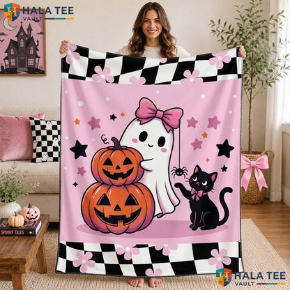 Personalized Cat Halloween Blanket Cute Kids Soft Cozy Ghost Throw