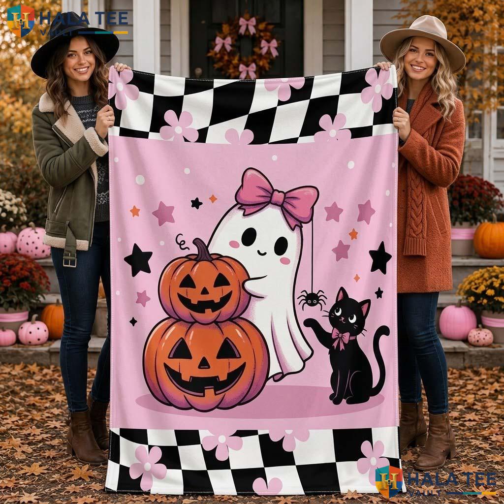 Personalized Cat Halloween Blanket Cute Kids Soft Cozy Ghost Throw