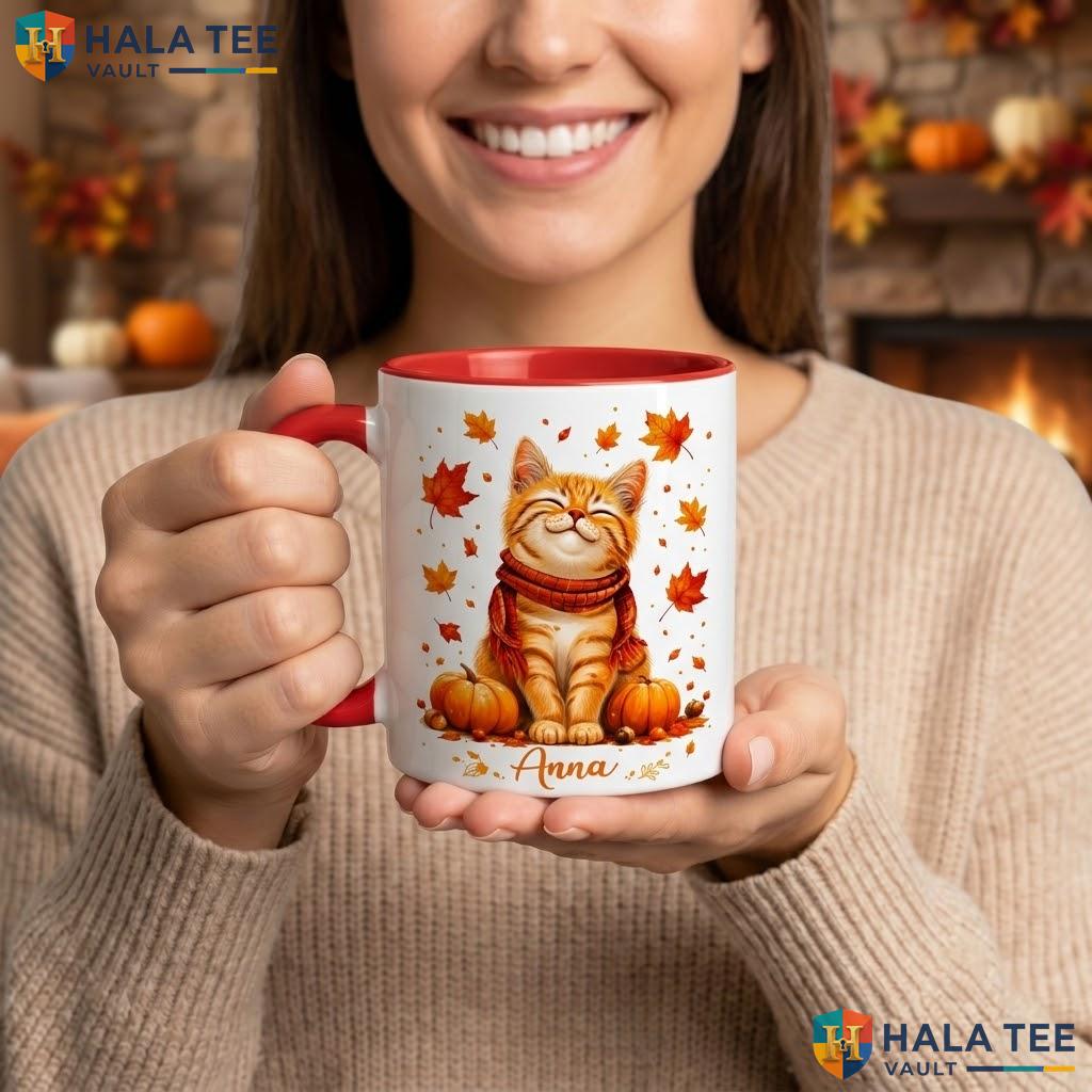 Personalized Fall Cat Ceramic Mug Cute Autumn Ghost Halloween Coffee Camping Mug