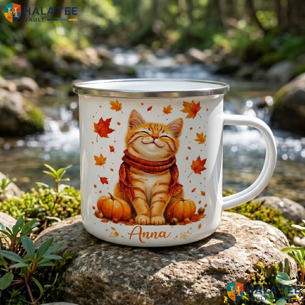 Personalized Fall Cat Ceramic Mug Cute Autumn Ghost Halloween Coffee Accent Mug