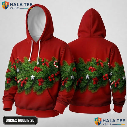 Pine Branches Berries Christmas 3D Hoodie Festive Red Spirit Top