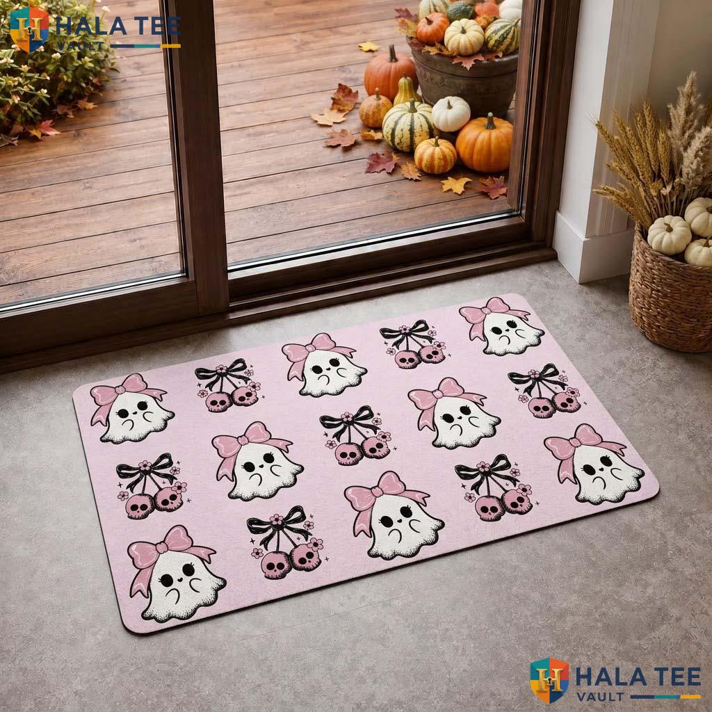Pink Bow Ghost Fall Doormat Cute Outdoor Welcome Rug Pet Lover Entryway