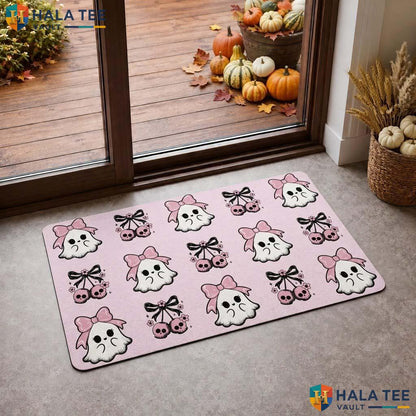 Pink Bow Ghost Fall Doormat Cute Outdoor Welcome Rug Pet Lover Entryway