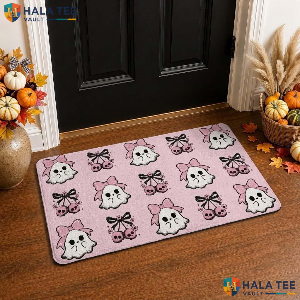 Pink Bow Ghost Fall Front door mat Cute Outdoor Welcome Rug Pet Lover Entryway