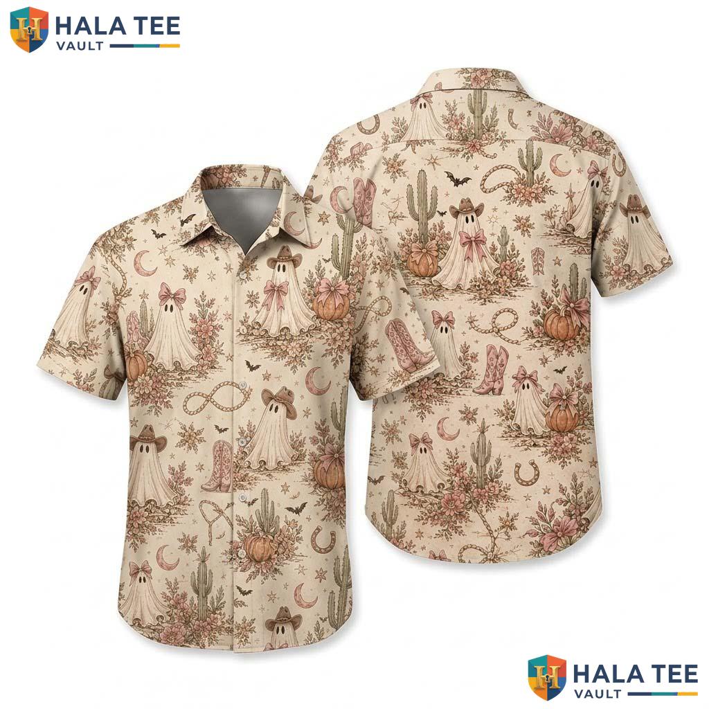 Pink Bow Ghost Halloween Hawaiian Shirt Coquette Cowgirl Aloha Top