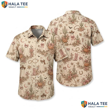 Pink Bow Ghost Halloween Hawaiian Shirt Coquette Cowgirl Aloha Top