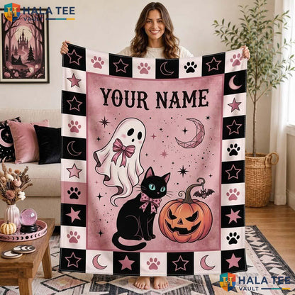 Pink Cat Ghost Halloween Blanket Custom Name Cozy Kids Throw Decor