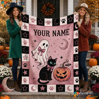 Pink Cat Ghost Halloween Blanket Custom Name Cozy Kids Throw Decor