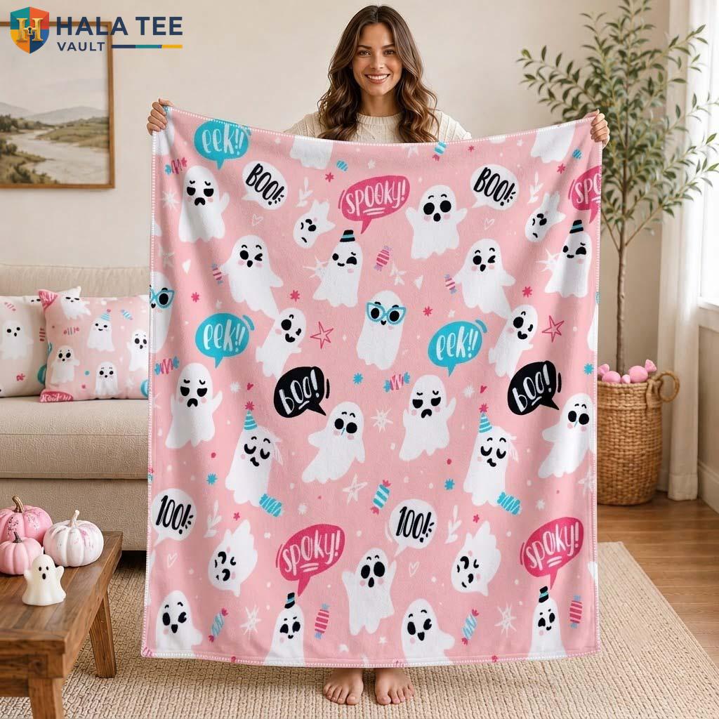 Pink Cute Ghost Halloween Fleece Blanket Soft Plush Spooky Party Throw