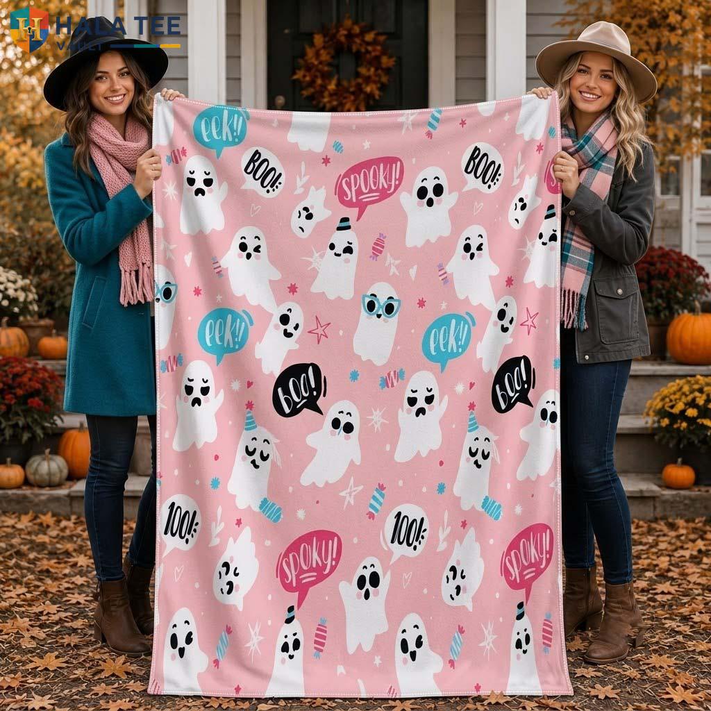 Pink Cute Ghost Halloween Fleece Blanket Soft Plush Spooky Party Throw