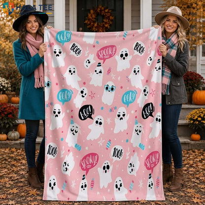 Pink Cute Ghost Halloween Fleece Blanket Soft Plush Spooky Party Throw