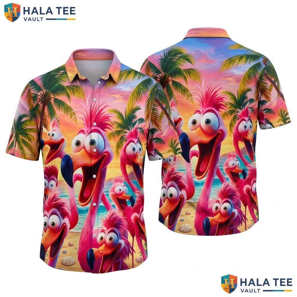 Pink Flamingo Mens Hawaiian Shirt Short Sleeve Casual Vacation Top
