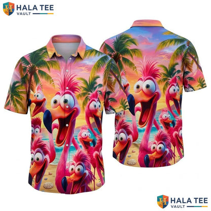 Pink Flamingo Mens Hawaiian Shirt Short Sleeve Casual Vacation Top