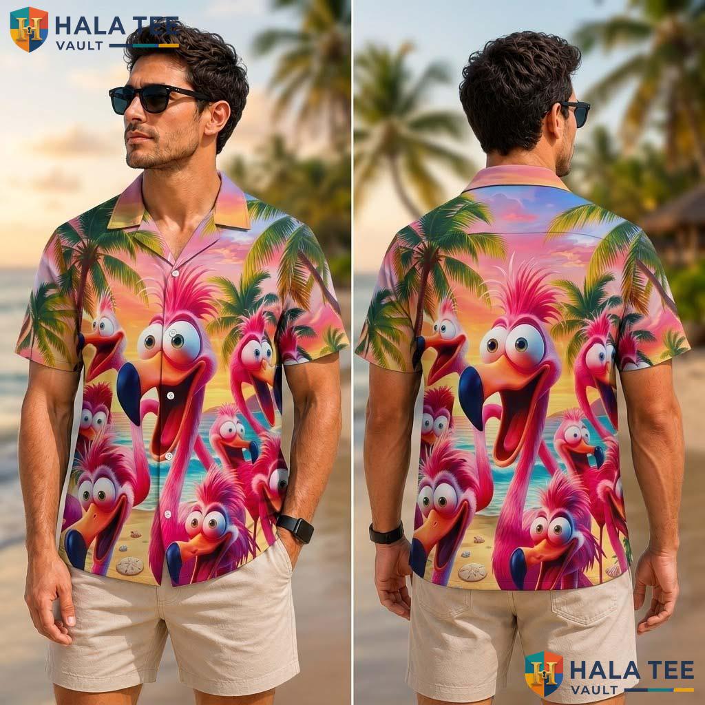 Pink Flamingo Mens Tropical Shirt Short Sleeve Casual Vacation Top