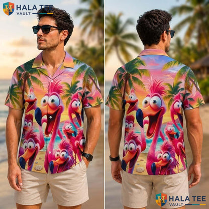 Pink Flamingo Mens Tropical Shirt Short Sleeve Casual Vacation Top